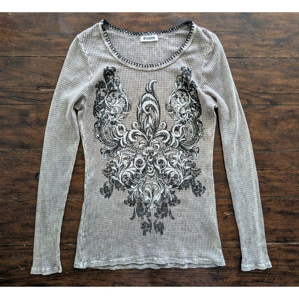 VOCAL Paris Thermal Top XL Gray Y2K Fairy Grunge Rhinestone Graphic Waffle Knit